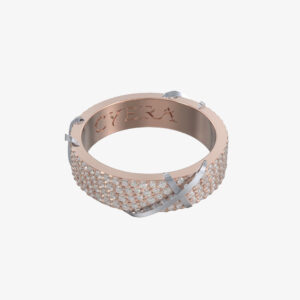 Elegant Apex Collection rings with diamond line, yellow gold arrow, and ribbon-crossing diamond pattern, showcasing refined craftsmanship.