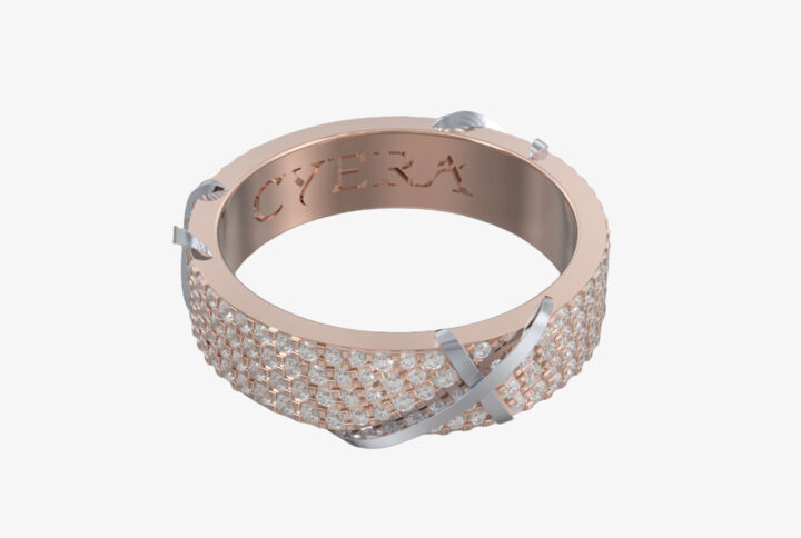 Elegant Apex Collection rings with diamond line, yellow gold arrow, and ribbon-crossing diamond pattern, showcasing refined craftsmanship.