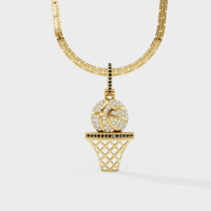 Basketball-inspired Ballin Diamond Pendant with a gold finish and sparkling diamonds, featuring a hoop design.