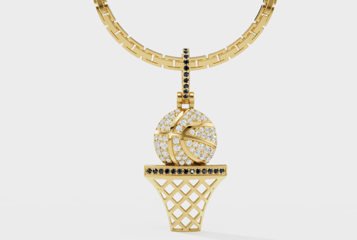 Basketball-inspired Ballin Diamond Pendant with a gold finish and sparkling diamonds, featuring a hoop design.