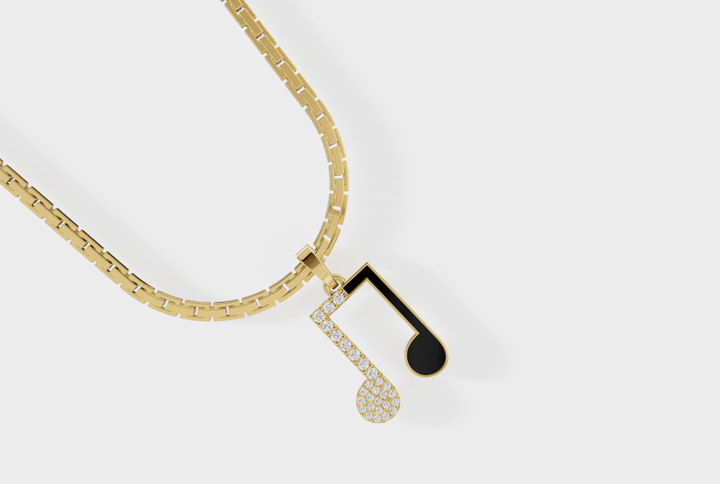 Minimalist gold music note pendant with diamonds and black enamel, blending elegance and hip-hop style.