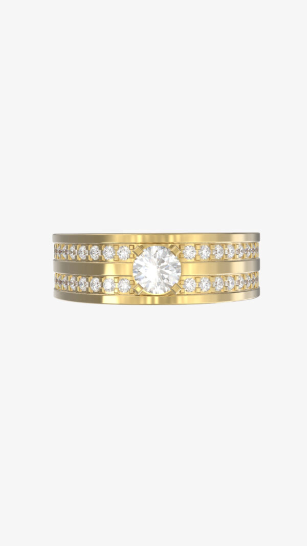 "Close-up of the Ethereal Diamond Ring showcasing the intricate design of pure diamonds on a yellow gold band, reflecting purity and sophistication.