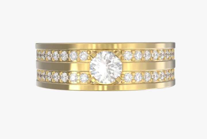 "Close-up of the Ethereal Diamond Ring showcasing the intricate design of pure diamonds on a yellow gold band, reflecting purity and sophistication.