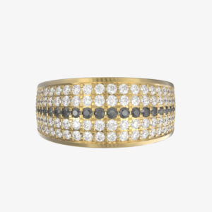 "Men’s yellow gold ring with pure white diamonds and black diamond accents, symbolizing bold strength and timeless elegance."