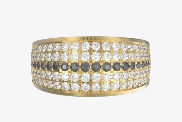 "Men’s yellow gold ring with pure white diamonds and black diamond accents, symbolizing bold strength and timeless elegance."