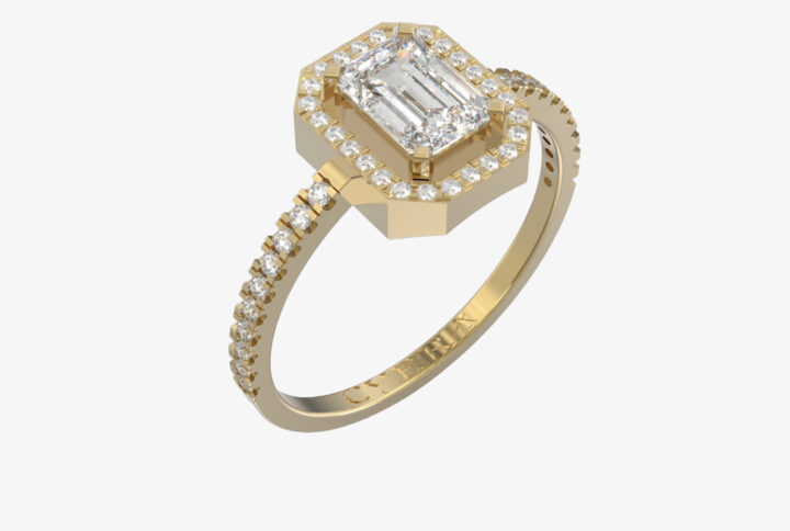 A close-up image of the delleca diamond ring showcasing its sparkling diamond center stone.