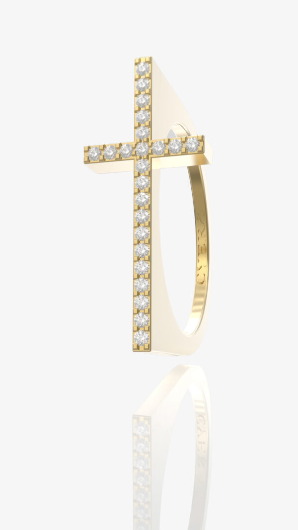 Faith Diamond Ring featuring a cross design with shimmering diamonds, symbolizing elegance and spirituality.
