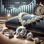 A luxurious diamond jewellery set, including a diamond necklace and diamond rings, displayed on a velvet surface, symbolizing wealth and investment. The background features a subtle financial chart indicating growth, representing diamond jewellery as a smart investment choice. Soft lighting enhances the brilliance of the diamonds, making them stand out as a premium asset.