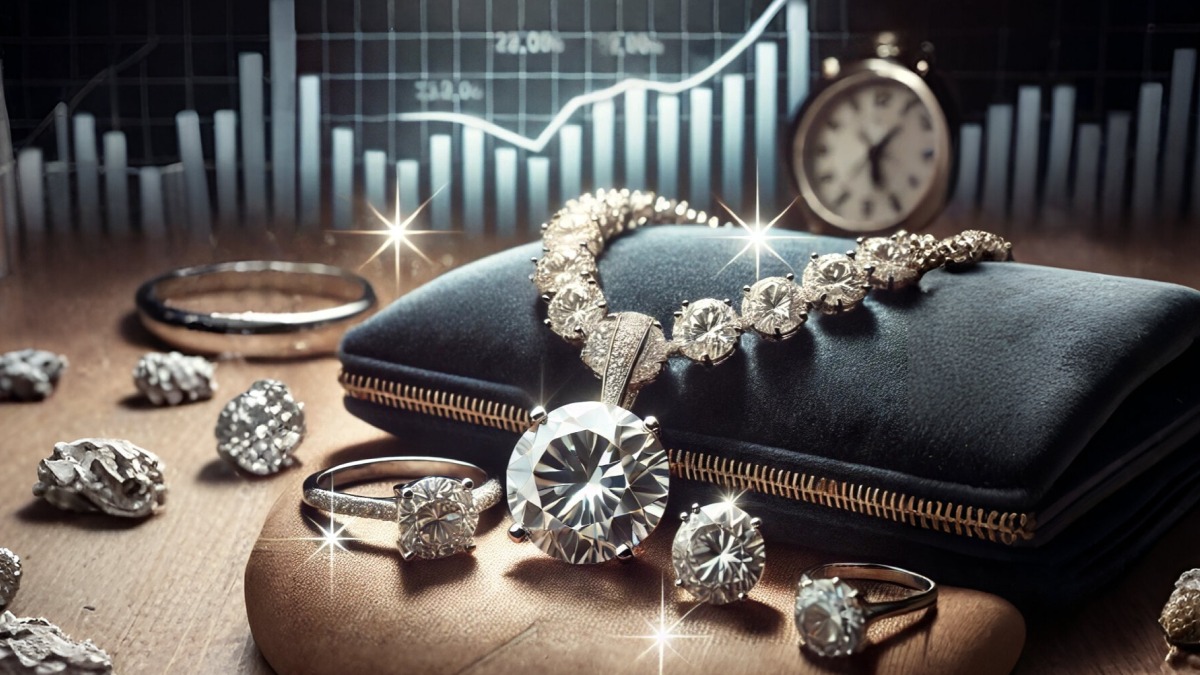 A luxurious diamond jewellery set, including a diamond necklace and diamond rings, displayed on a velvet surface, symbolizing wealth and investment. The background features a subtle financial chart indicating growth, representing diamond jewellery as a smart investment choice. Soft lighting enhances the brilliance of the diamonds, making them stand out as a premium asset.