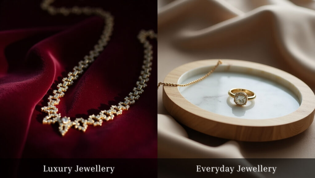 Split view of luxury jewellery with diamonds on velvet and minimalist everyday jewellery on a marble tray, showcasing the difference in style, elegance, and daily wear appeal.