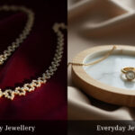 Split view of luxury jewellery with diamonds on velvet and minimalist everyday jewellery on a marble tray, showcasing the difference in style, elegance, and daily wear appeal.
